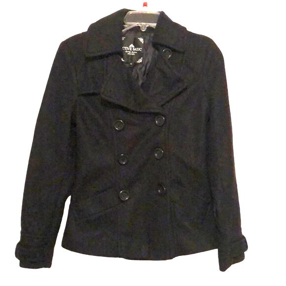 Active Basic Quality Couture Black Pea Coat Jacket Junior Size Small - Picture 1 of 8